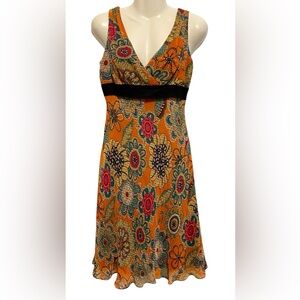 Vintage Maggy London Vibrant Floral Mini Dress Orange and Pink 100% Silk V Neck
